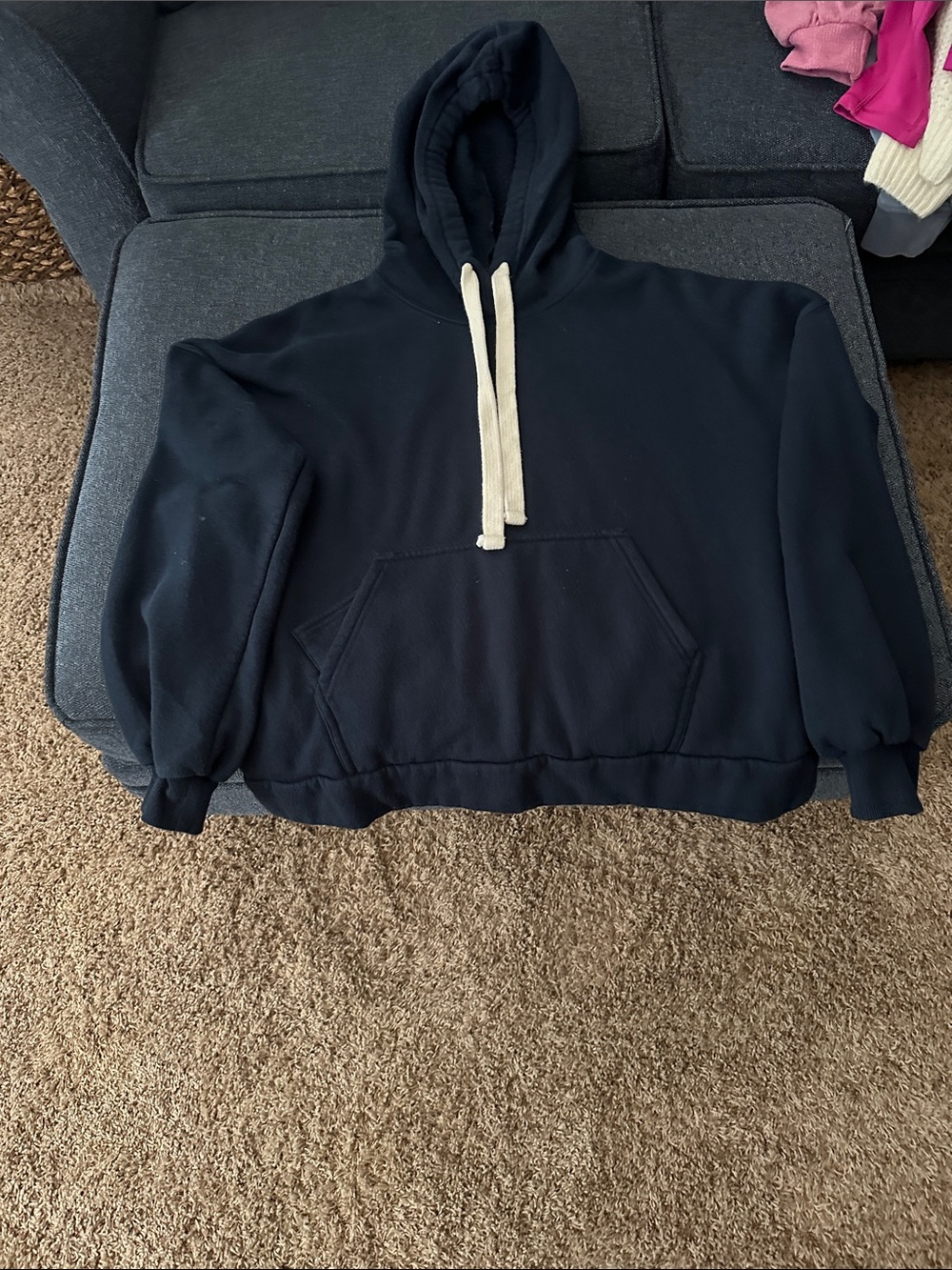 Zenana Outfitters Navy Hoodie with Cream Drawstrings